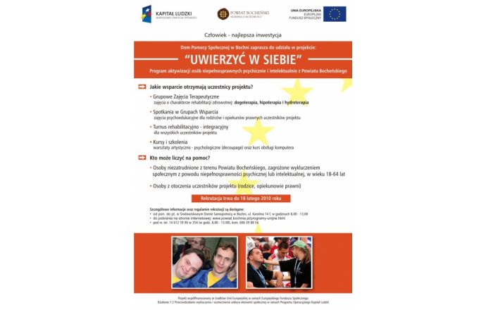 Uwierzyć w siebie - program aktywizacji osób niepełnosprawnych psychicznie i intelektualnie z terenu Powiatu Bocheńskiego