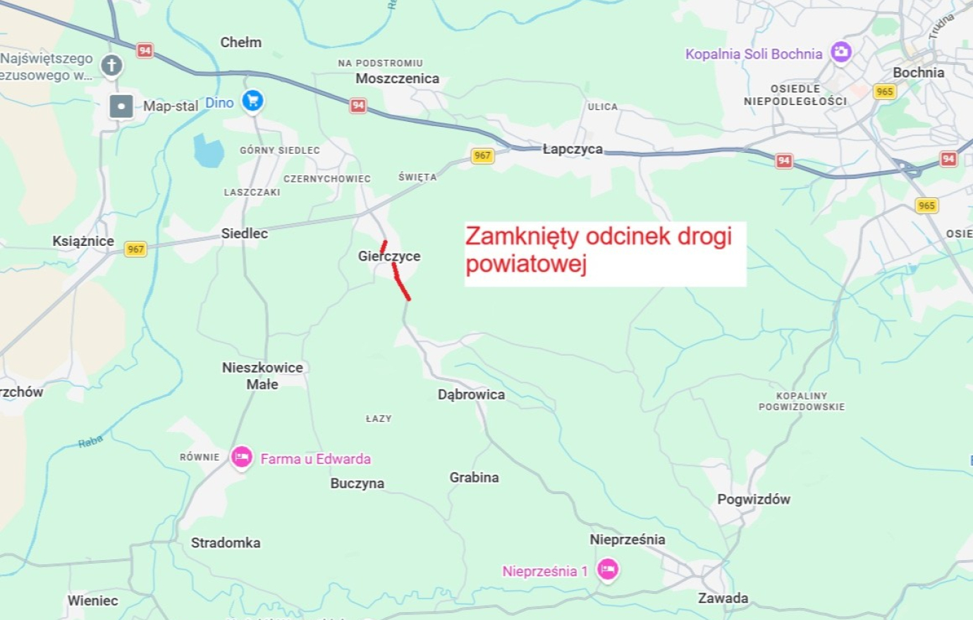 Zamknięcie drogi powiatowej w Gierczycach