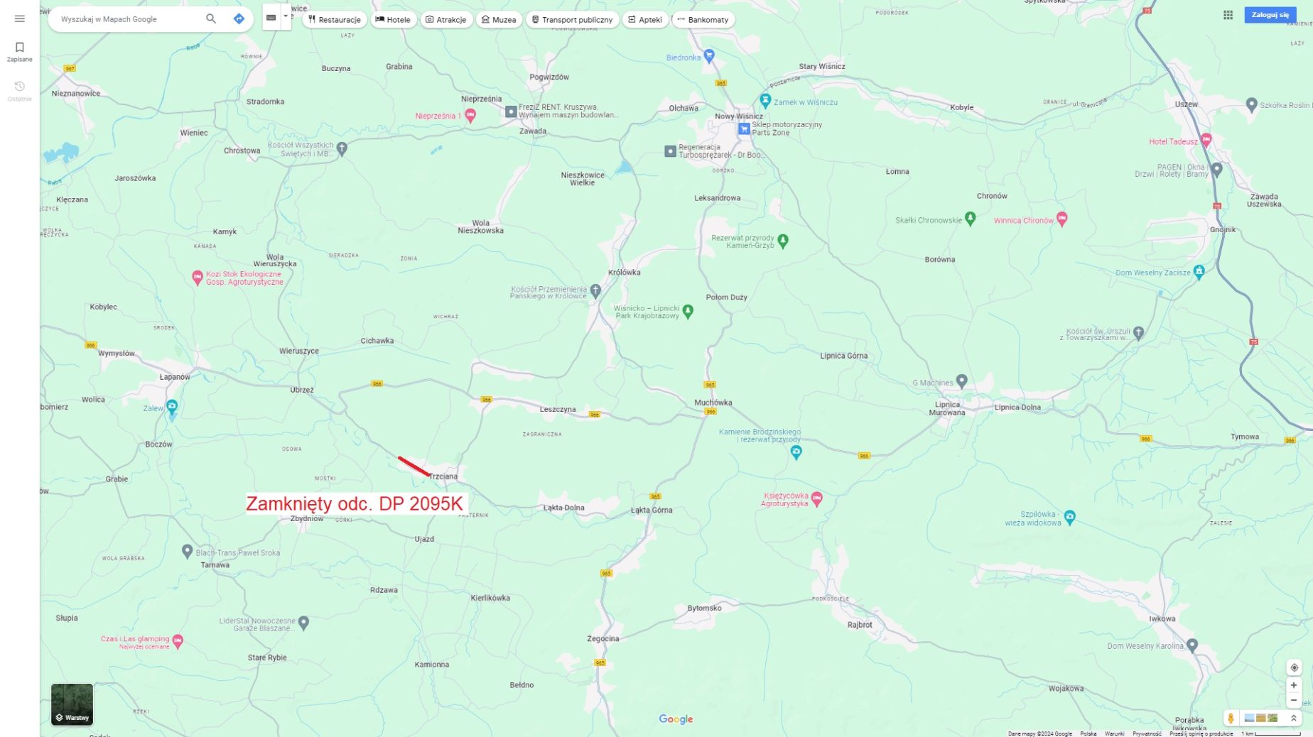 Zamknięty odcinek drogi w Trzcianie
