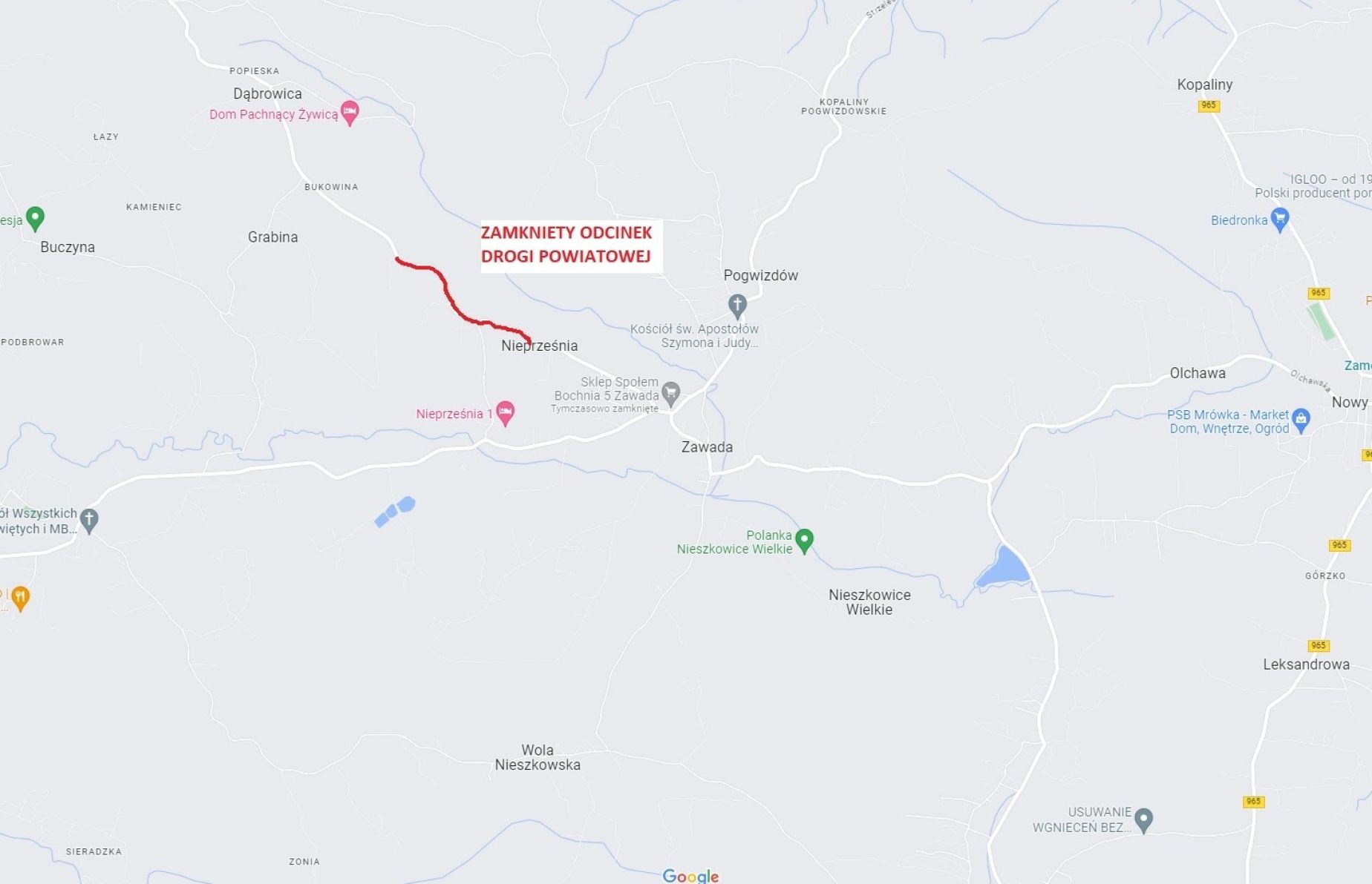 Zamknieta droga powiatowa w Nieprześni