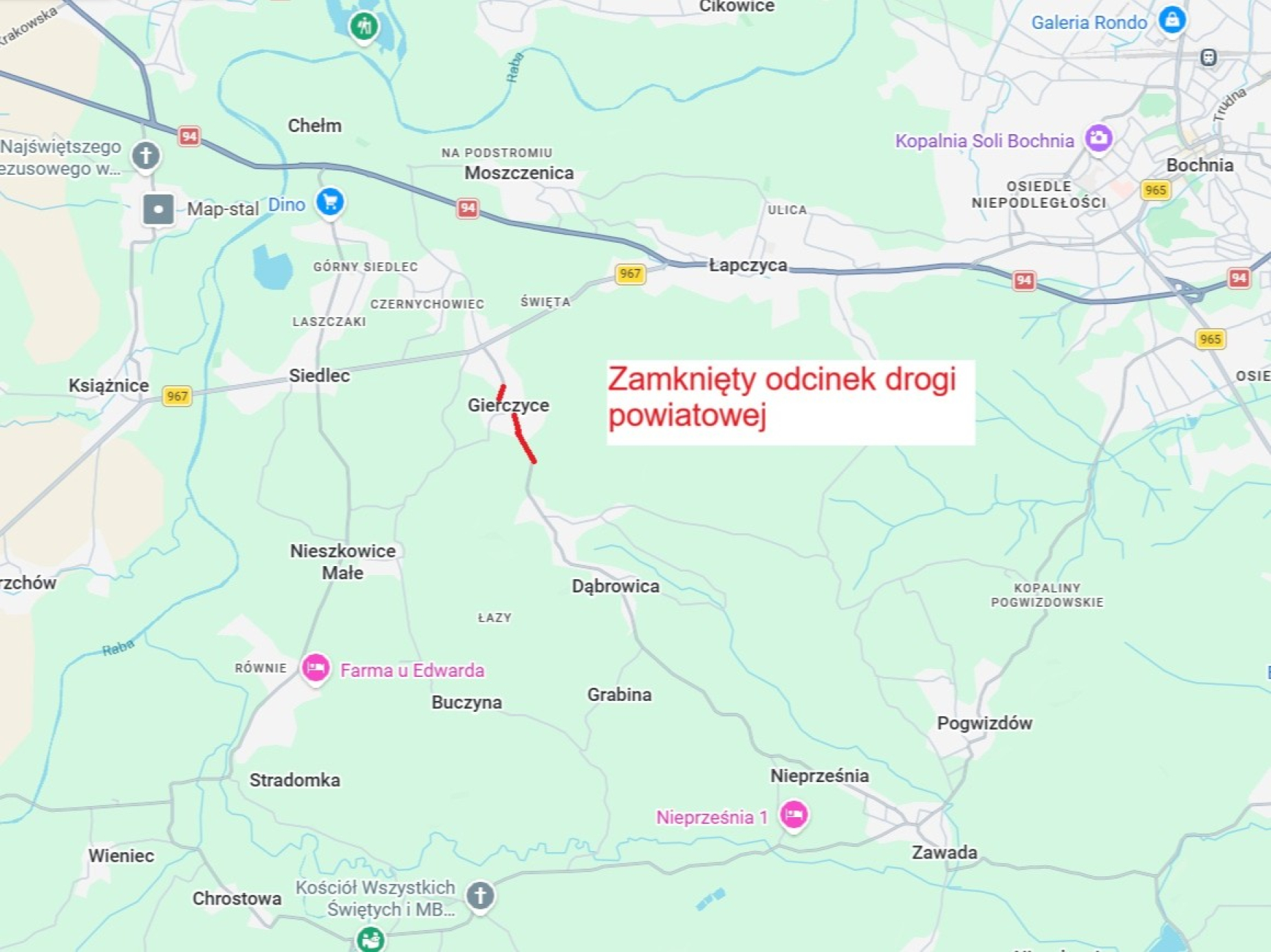 Zamknięcie drogi powiatowej w Gierczycach