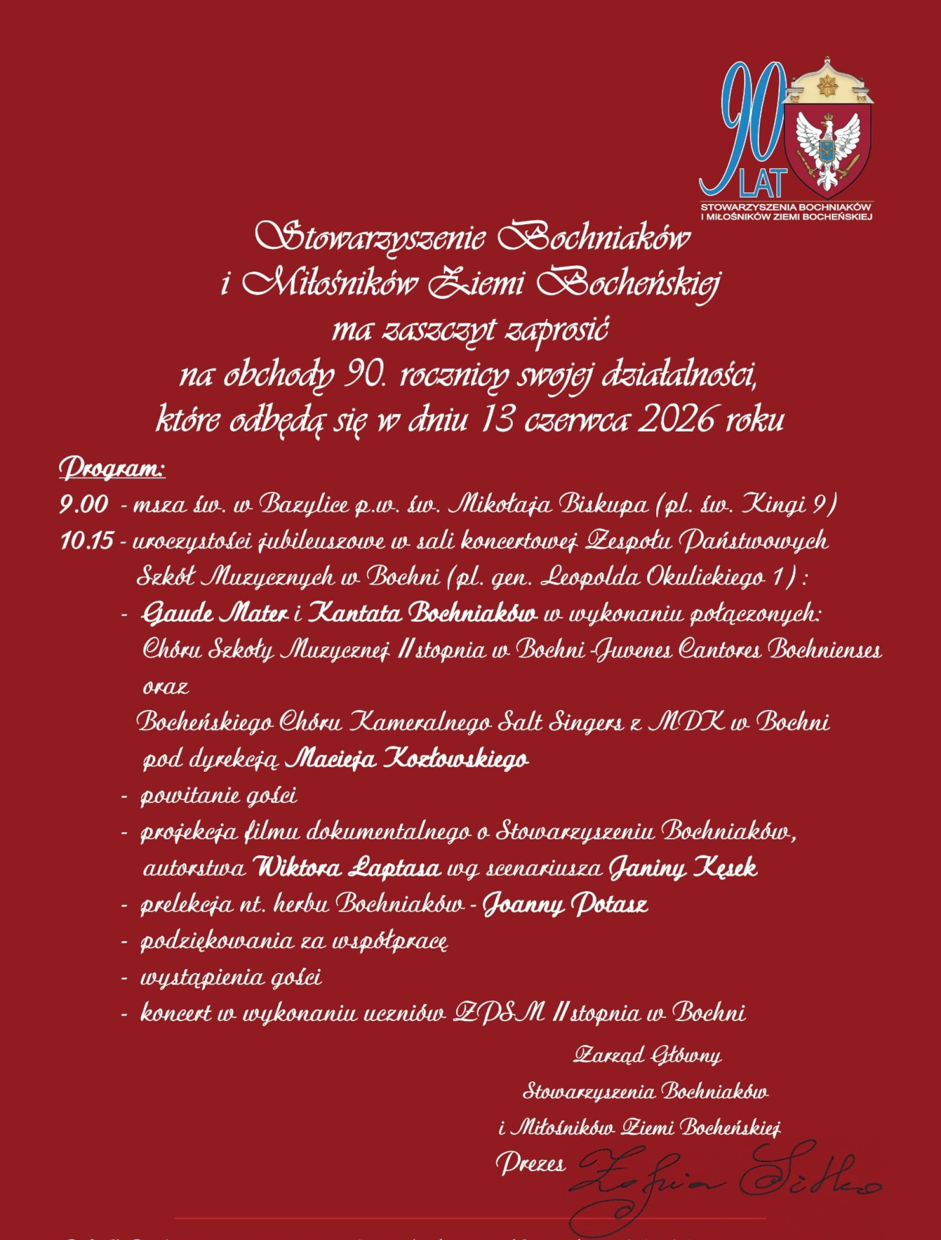 Stowarzyszenie Bochniaków zaprasza na Jubileusz 90-lecia
