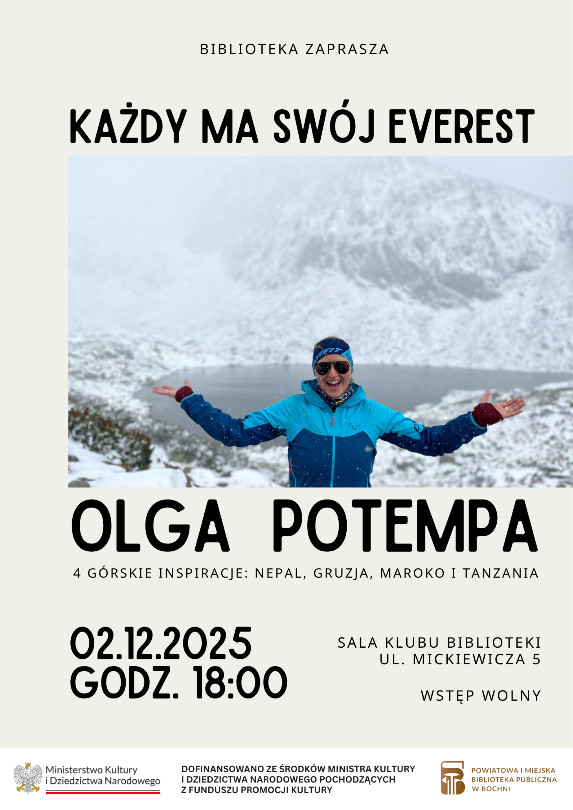„Każdy ma swój Everest” – cztery górskie wyprawy z Olgą Potempą w bocheńskiej Bibliotece