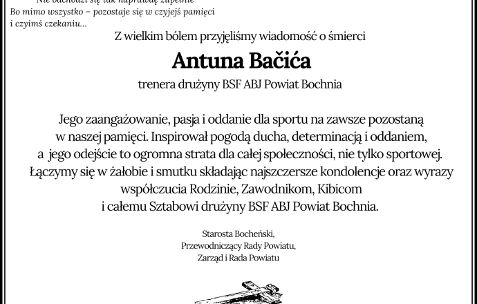Kondolencje od Starosty Bocheńskiego, Przewodniczącego Rady Powiatu, Zarządu i Rady Powiatu