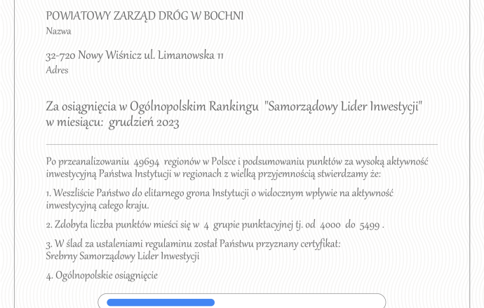 Certyfikat Srebrny Samorządowy Lider Inwestycji 