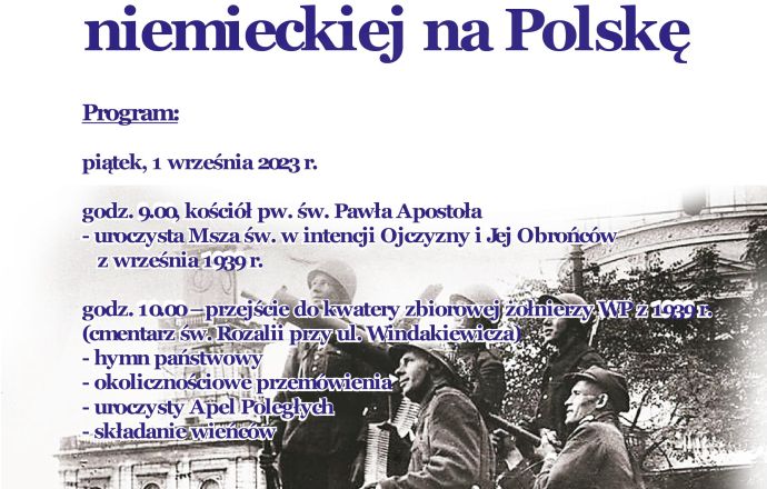 Plakat przedstawiajacy pragm wydarzenia. W tle rgafika prezentująca niemieckich żółnierzy. Poniżej herb powiatu bocheńskiego. 