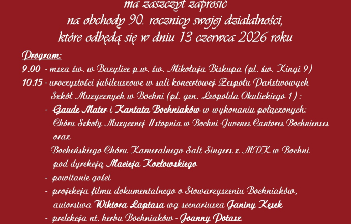 Zaproszenie na jubileusz 90-lecia Bochniaków